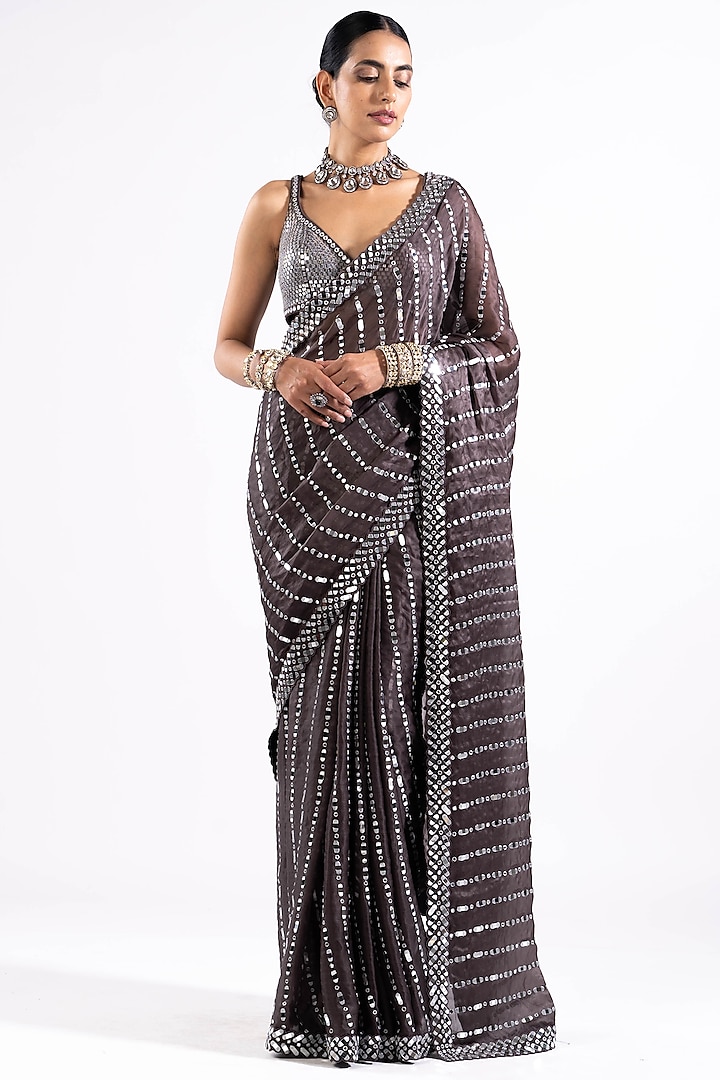 Charcoal Grey Georgette Mirror Embellished Pre-Draped Saree Set by Vvani by Vani Vats