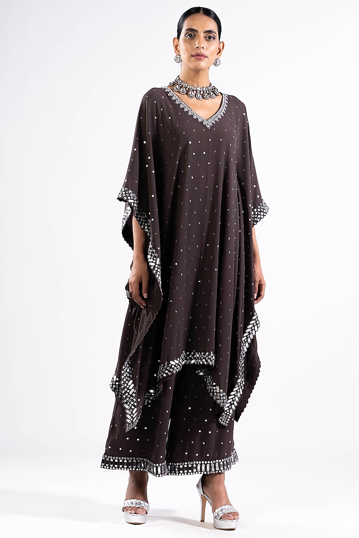 Charcoal Grey Georgette Mirror Embroidered Kaftan Set by Vvani by Vani Vats