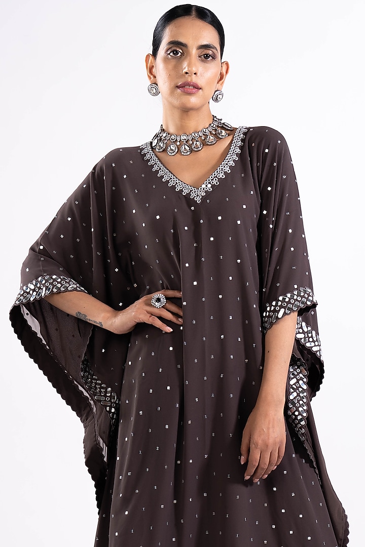 Charcoal Grey Georgette Mirror Embroidered Kaftan Set by Vvani by Vani Vats at Pernia's Pop Up Shop