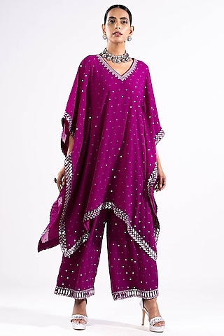 Wine Georgette Mirror Embroidered Kaftan Set by Vvani by Vani Vats