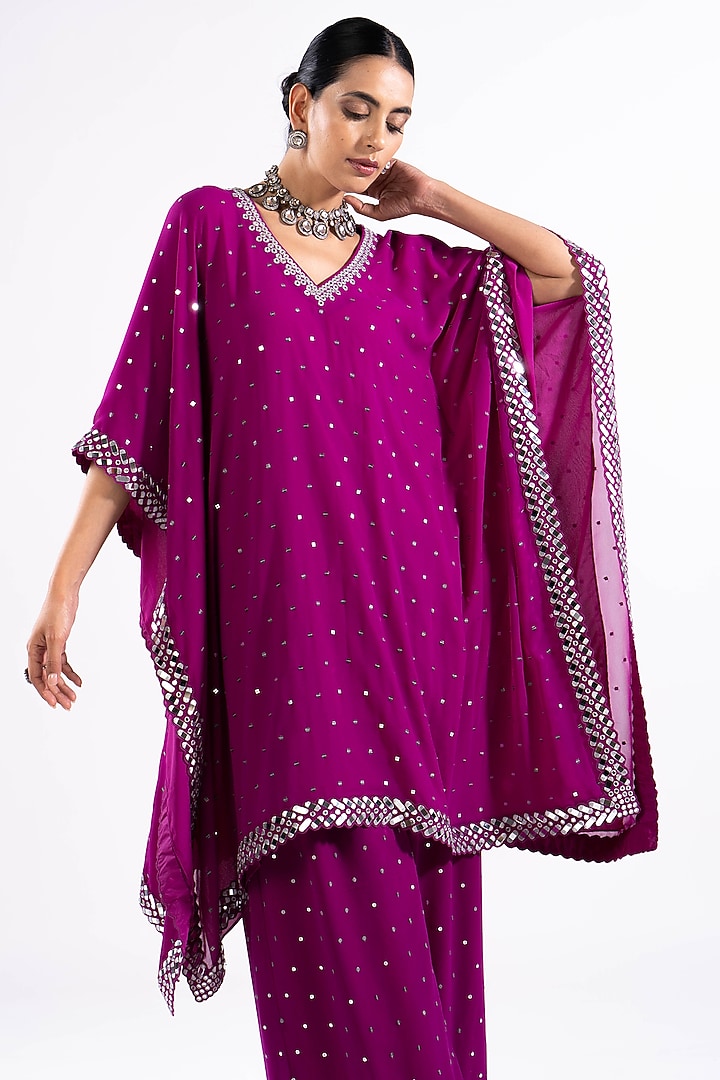 Wine Georgette Mirror Embroidered Kaftan Set by Vvani by Vani Vats at Pernia's Pop Up Shop