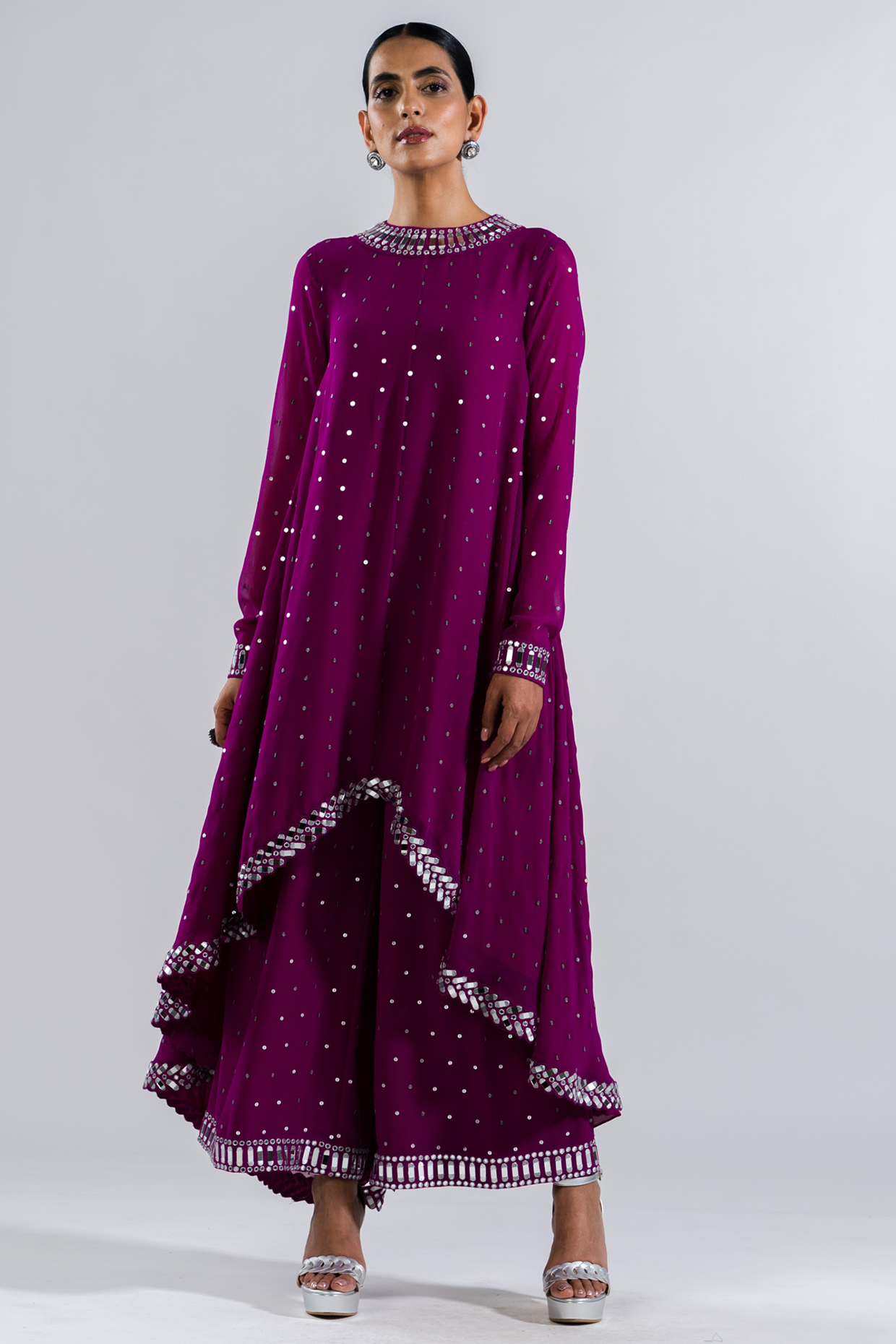 Wine Georgette Mirror Embroidered Kurta Set by Vvani by Vani Vats at Pernia's Pop Up Shop