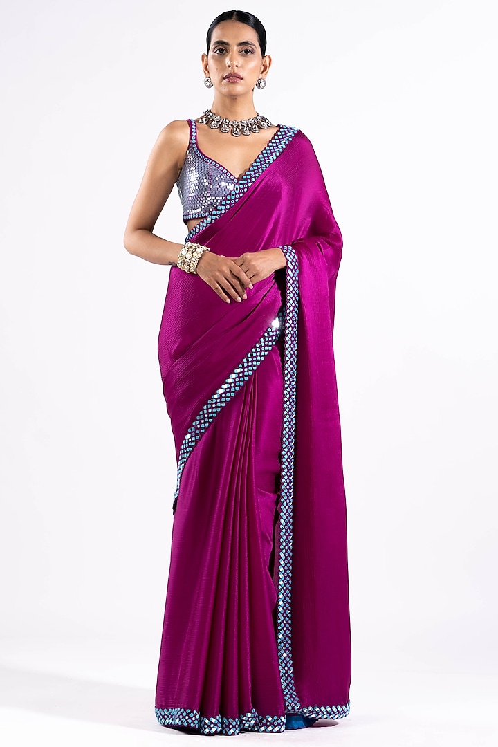 Wine Satin Chiffon Mirror Embellished Wedding Saree Set by Vvani by Vani Vats at Pernia's Pop Up Shop
