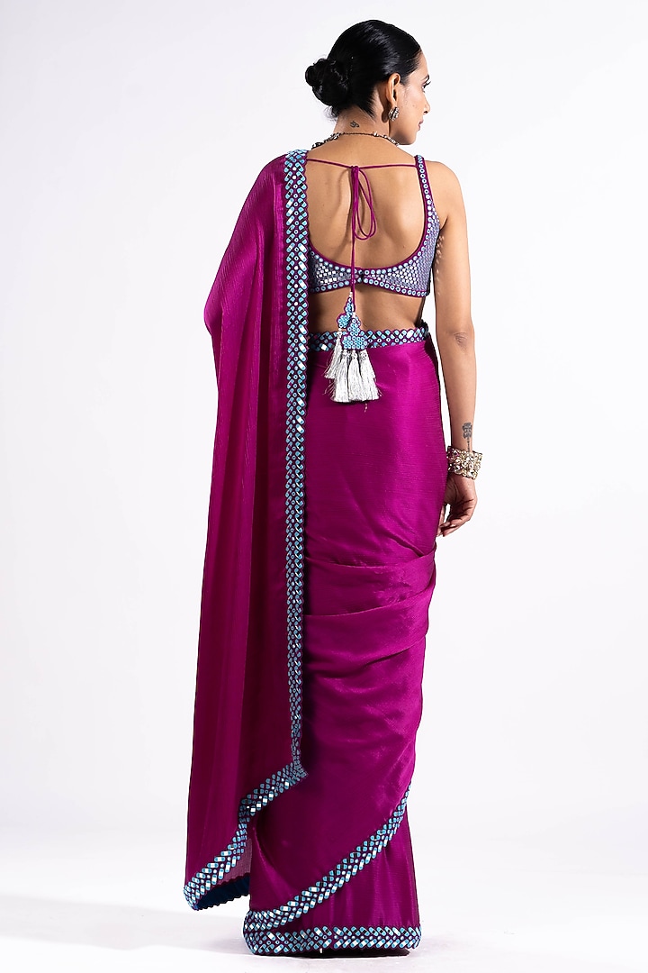 Wine Satin Chiffon Mirror Embellished Wedding Saree Set by Vvani by Vani Vats at Pernia's Pop Up Shop