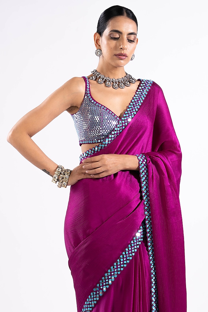 Wine Satin Chiffon Mirror Embellished Wedding Saree Set by Vvani by Vani Vats at Pernia's Pop Up Shop