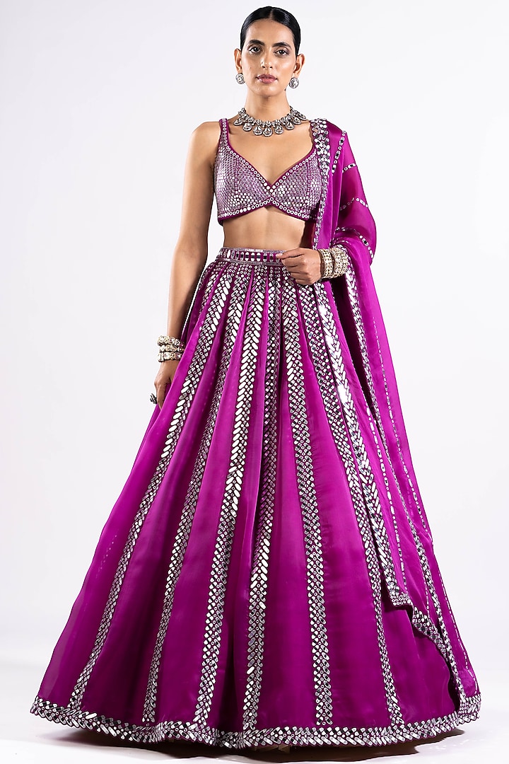 Purple Satin Organza Mirror Embroidered Lehenga Set by Vvani by Vani Vats