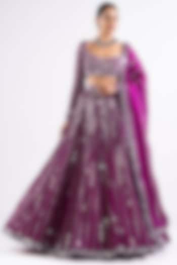 Wine Georgette Mirror Embellished Lehenga Set by Vvani by Vani Vats