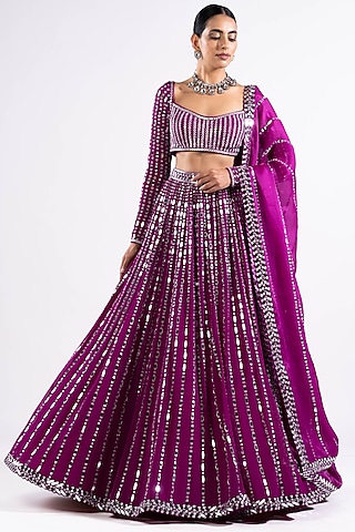 Purple Georgette Mirror Embellished Lehenga Set by Vvani by Vani Vats