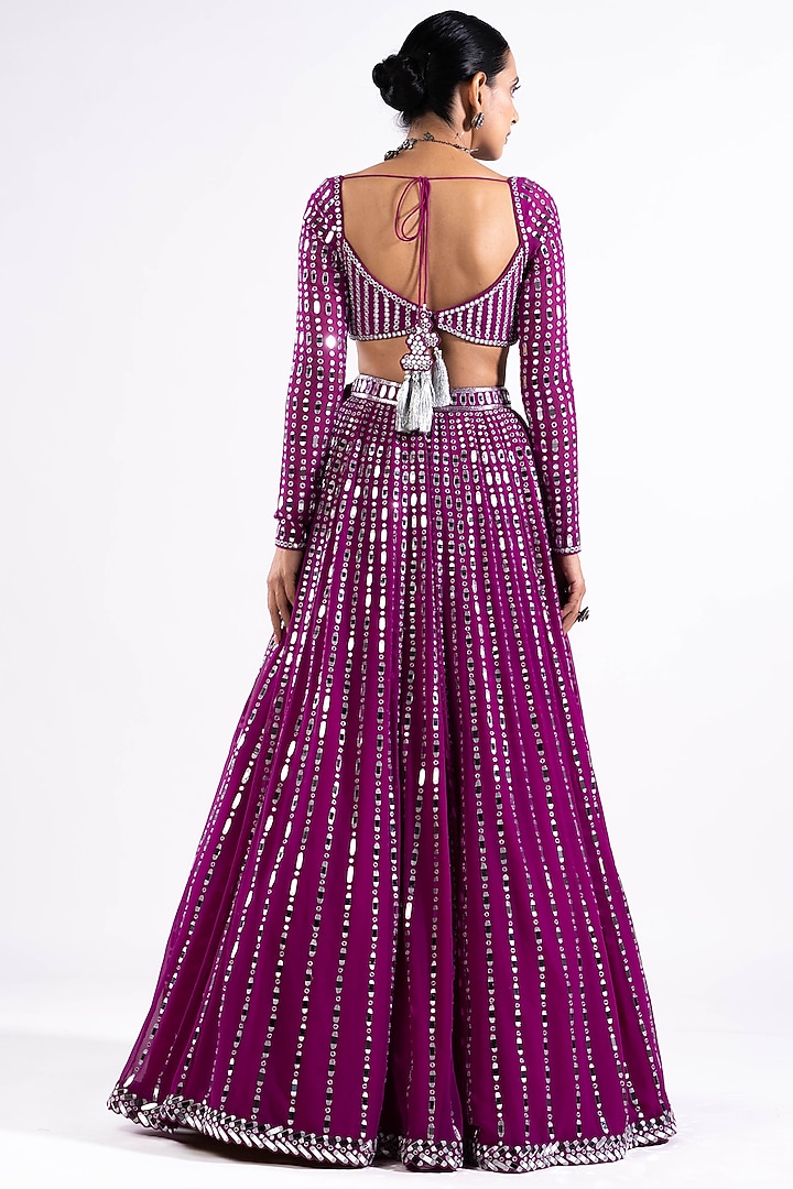 Purple Georgette Mirror Embellished Bridal Lehenga Set by Vvani by Vani Vats at Pernia's Pop Up Shop
