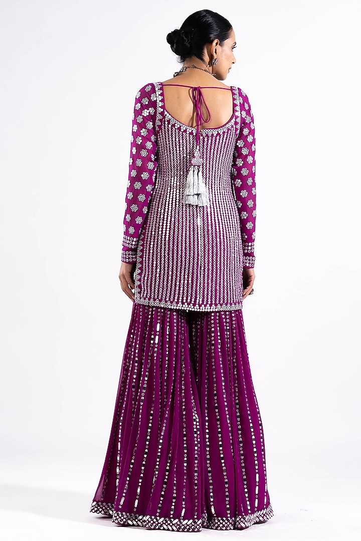 Wine Georgette Mirror Embellished Bridal Sharara Set by Vvani by Vani Vats at Pernia's Pop Up Shop
