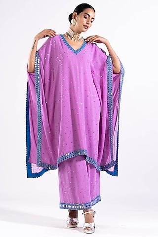Mauve Georgette Mirror Embroidered Kaftan Set by Vvani by Vani Vats