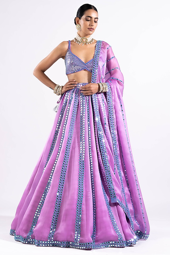 Mauve Satin Organza Mirror Embellished Bridal Lehenga Set by Vvani by Vani Vats at Pernia's Pop Up Shop