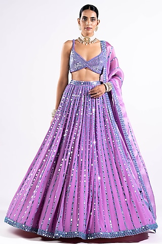Mauve Satin Organza Mirror Embroidered Lehenga Set by Vvani by Vani Vats