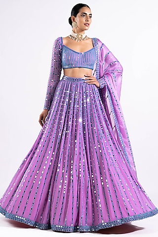 Mauve Georgette Mirror Embellished Lehenga Set by Vvani by Vani Vats