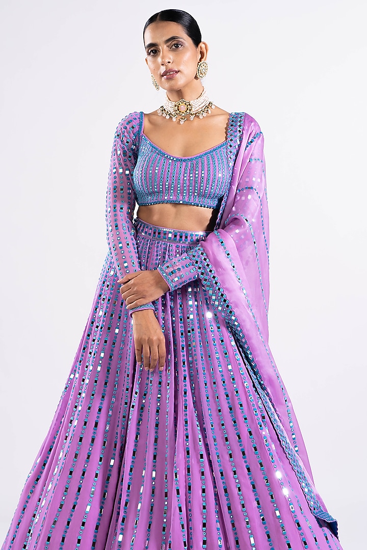 Mauve Georgette Mirror Embellished Bridal Lehenga Set by Vvani by Vani Vats at Pernia's Pop Up Shop