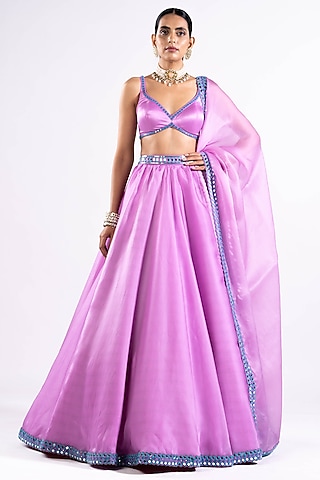Mauve Satin Organza Mirror Embroidered Lehenga Set by Vvani by Vani Vats