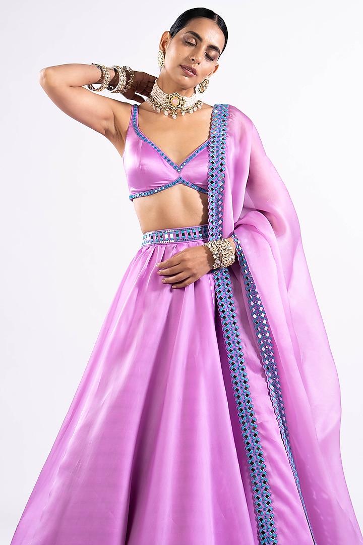 Mauve Satin Organza Mirror Embroidered Wedding Lehenga Set by Vvani by Vani Vats at Pernia's Pop Up Shop