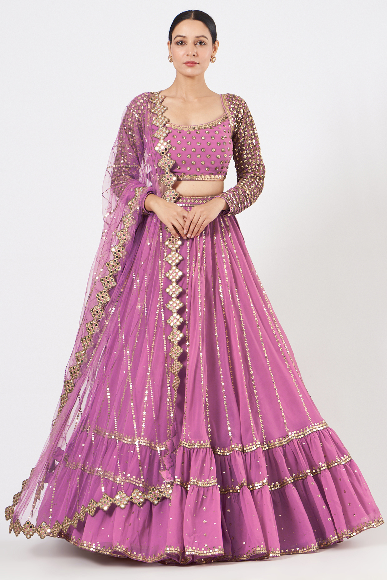 Pink Georgette Linear Drop Wedding Lehenga Set by Vvani By Vani Vats at Pernia's Pop Up Shop