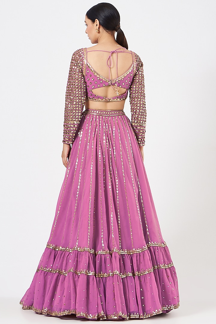 Pink Georgette Linear Drop Wedding Lehenga Set by Vvani By Vani Vats at Pernia's Pop Up Shop