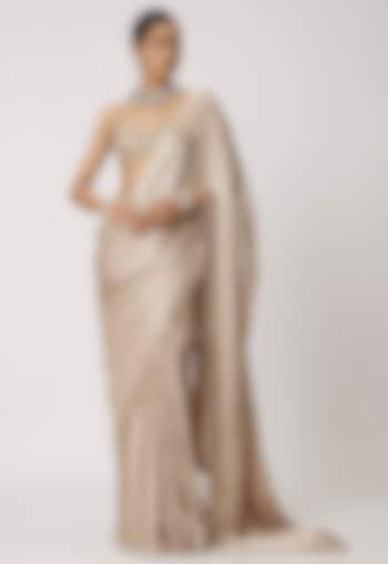 Beige Satin Wedding Saree Set by Vvani By Vani Vats at Pernia's Pop Up Shop