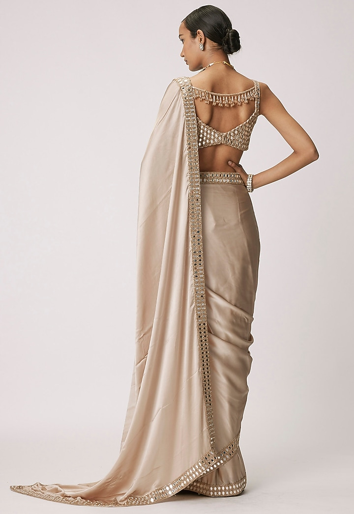 Beige Satin Wedding Saree Set by Vvani By Vani Vats at Pernia's Pop Up Shop