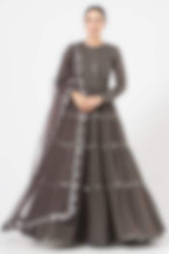 Charcoal Grey Georgette Wedding Anarkali Set by Vvani By Vani Vats at Pernia's Pop Up Shop