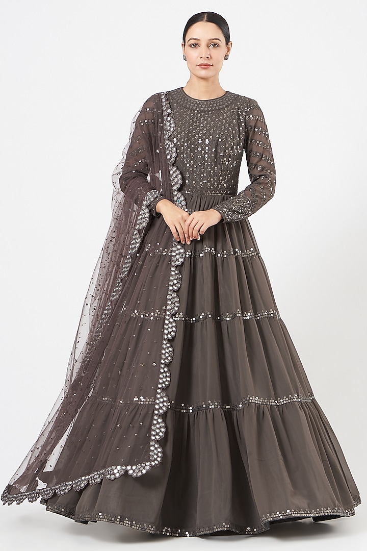 Charcoal Grey Georgette Wedding Anarkali Set by Vvani By Vani Vats at Pernia's Pop Up Shop