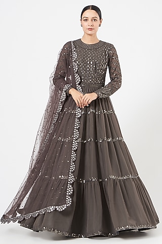 Charcoal Grey Georgette Anarkali Set by Vvani By Vani Vats