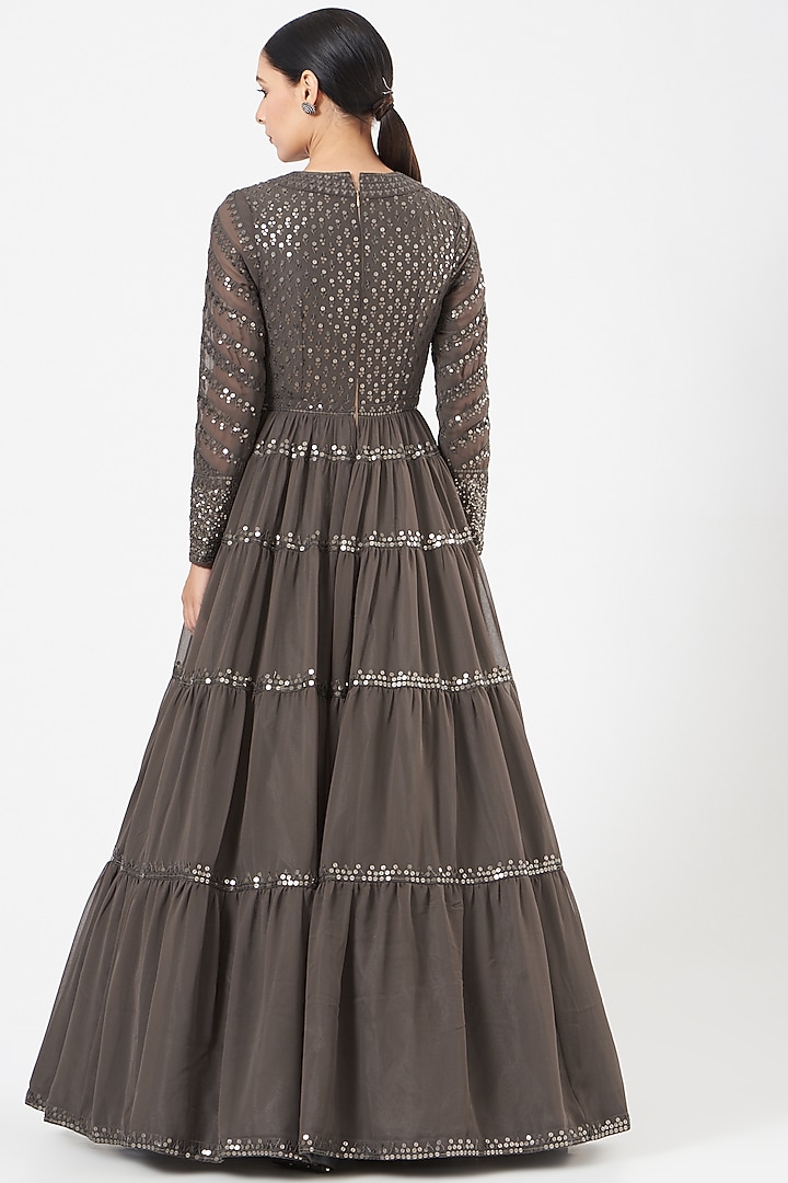 Charcoal Grey Georgette Wedding Anarkali Set by Vvani By Vani Vats at Pernia's Pop Up Shop