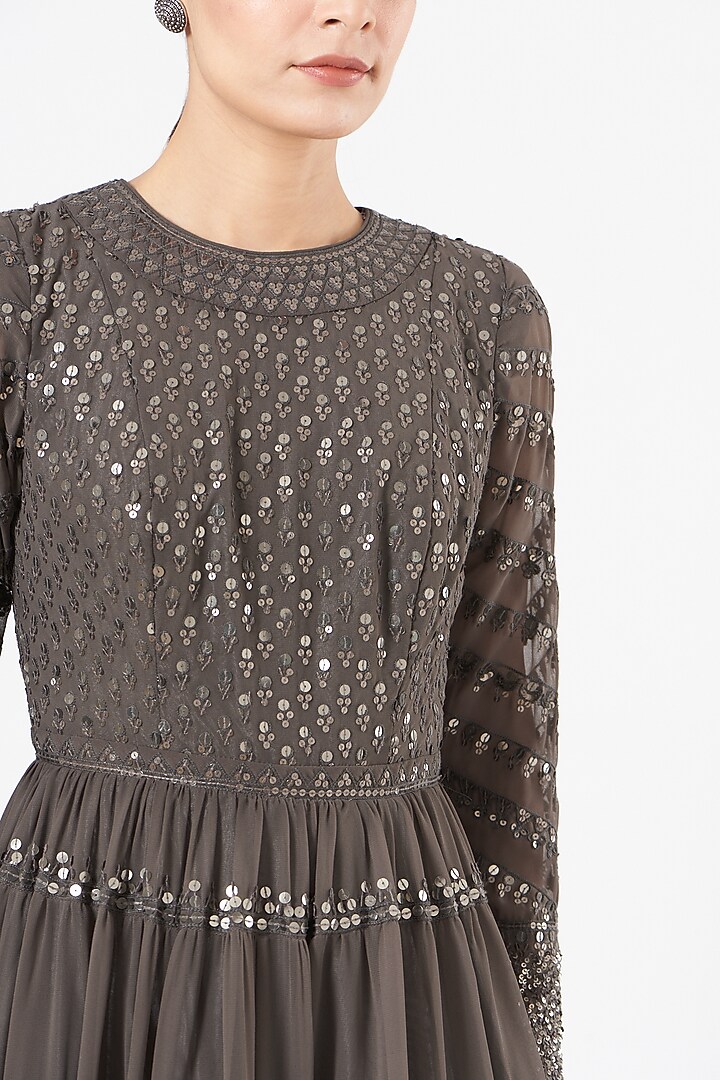 Charcoal Grey Georgette Wedding Anarkali Set by Vvani By Vani Vats at Pernia's Pop Up Shop