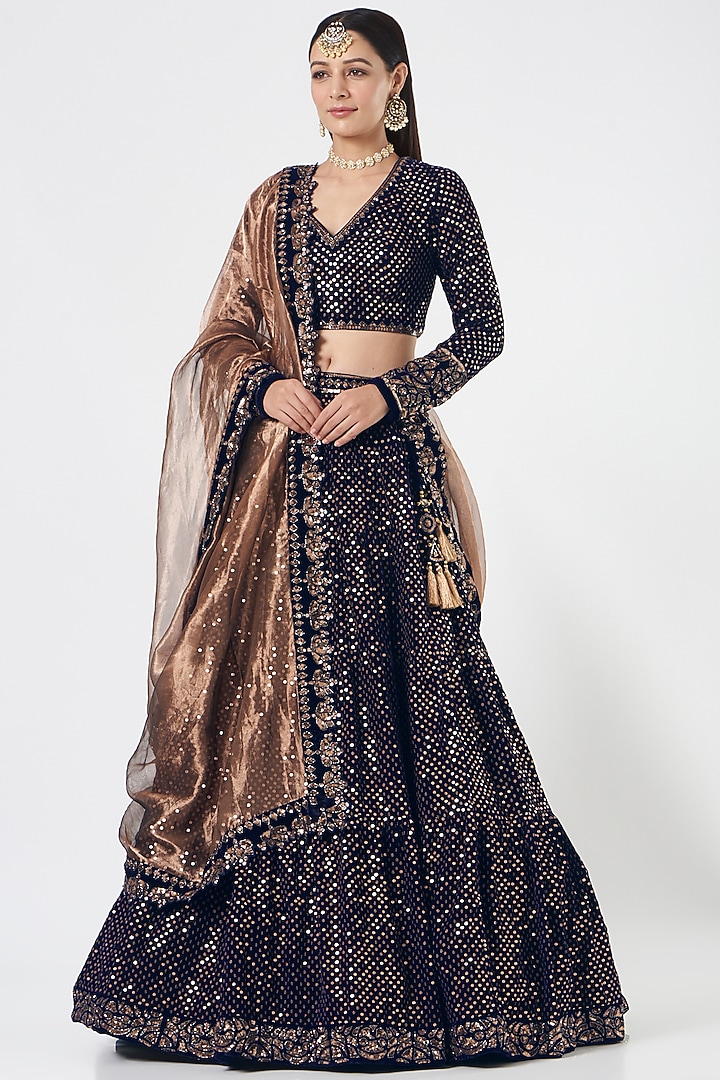 Navy Blue Velvet Wedding Lehenga Set by Vvani by Vani Vats at Pernia's Pop Up Shop
