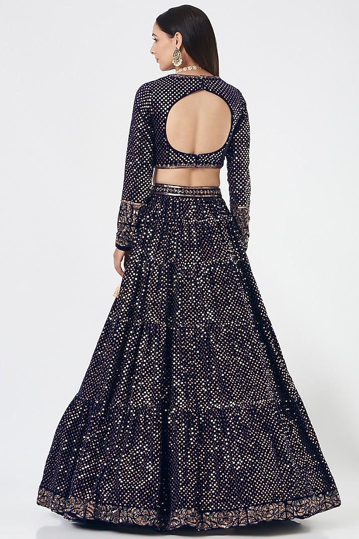 Navy Blue Velvet Wedding Lehenga Set by Vvani by Vani Vats at Pernia's Pop Up Shop