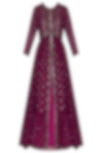 Plum Anarkali with Embroidered Jacket and Dupatta by Vvani by Vani Vats