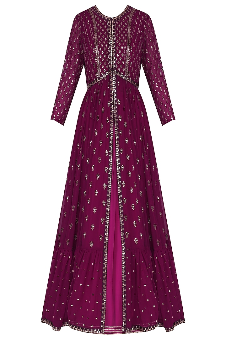 Plum Anarkali with Embroidered Jacket and Dupatta by Vvani by Vani Vats