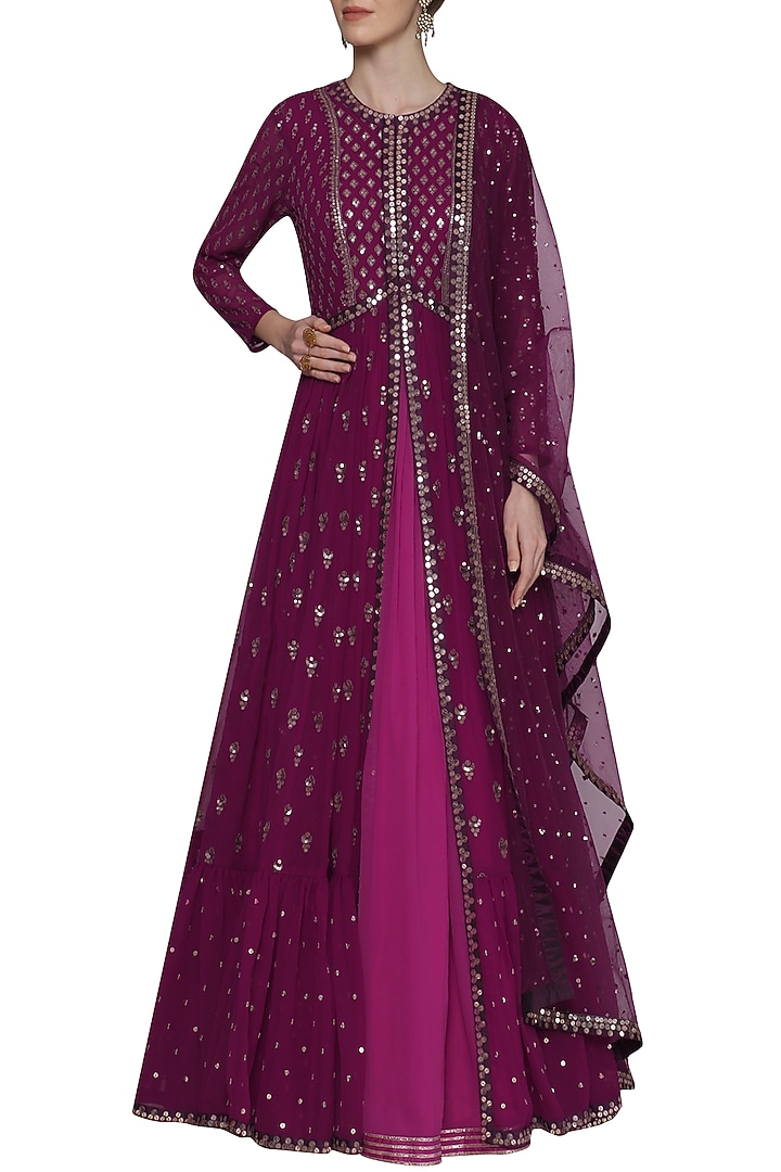 Plum anarkali with embroidered jacket and dupatta available only at Pernia's Pop Up Shop.