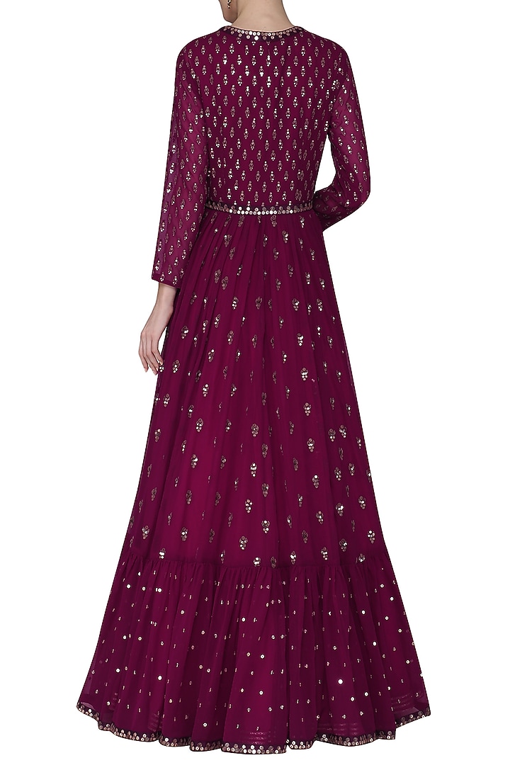 Plum anarkali with embroidered jacket and dupatta available only at Pernia's Pop Up Shop.