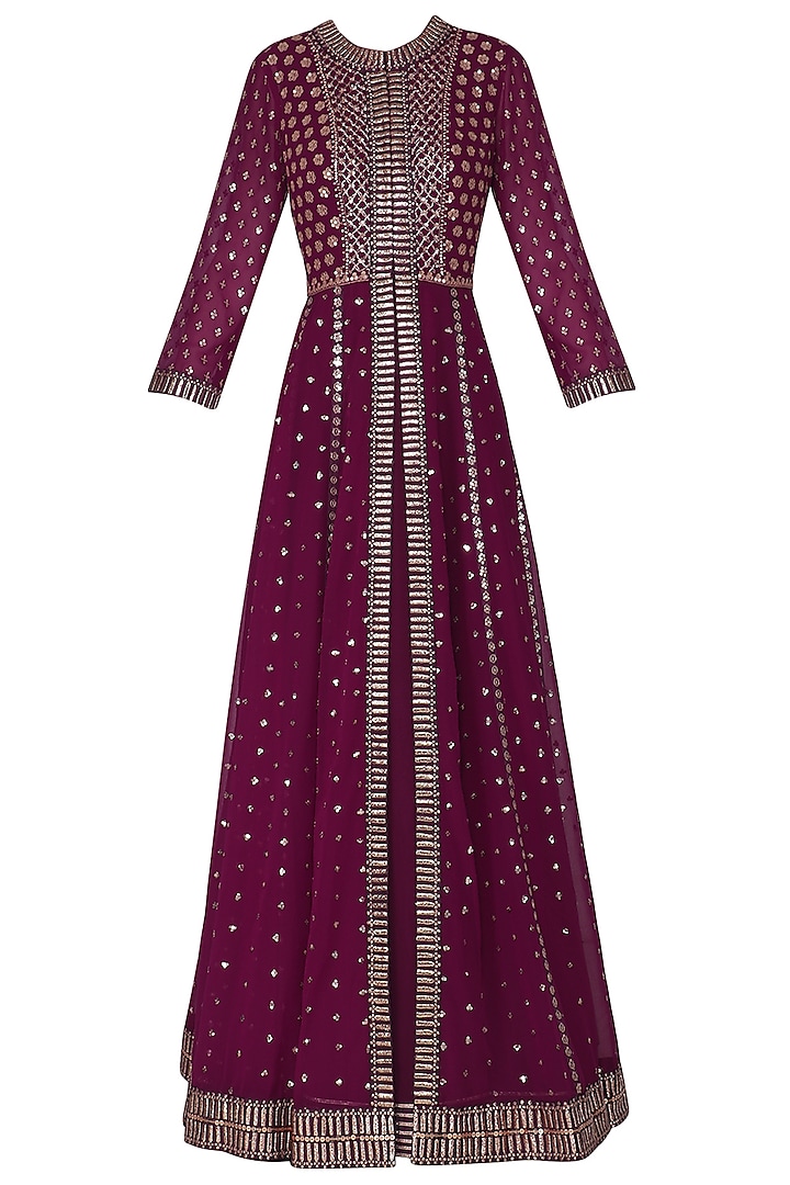 Wine Anarkali with Embroidered Jacket and Dupatta by Vvani by Vani Vats