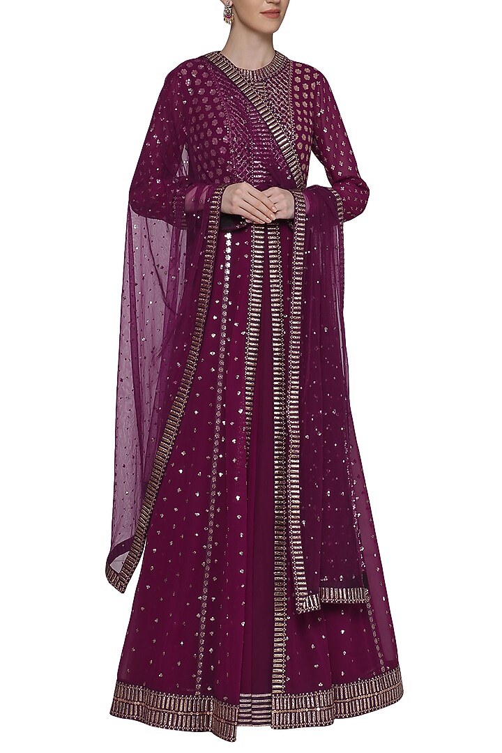 Wine anarkali with embroidered jacket and dupatta available only at Pernia's Pop Up Shop.