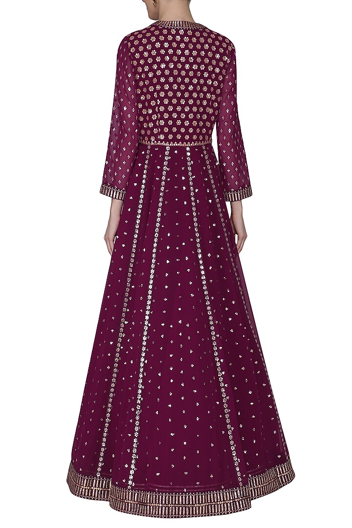 Wine anarkali with embroidered jacket and dupatta available only at Pernia's Pop Up Shop.