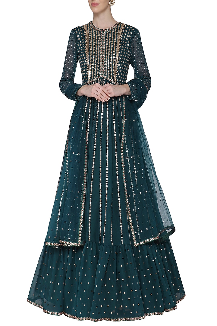 Teal embroidered anarkali gown with dupatta available only at Pernia's Pop Up Shop.