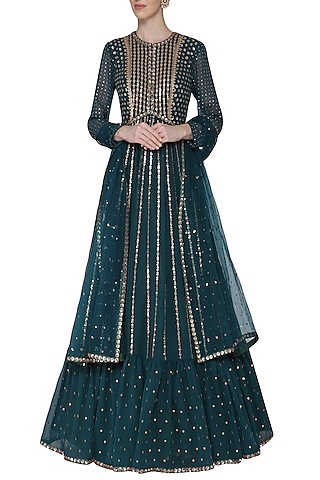 Teal Embroidered Anarkali Gown with Dupatta by Vvani by Vani Vats