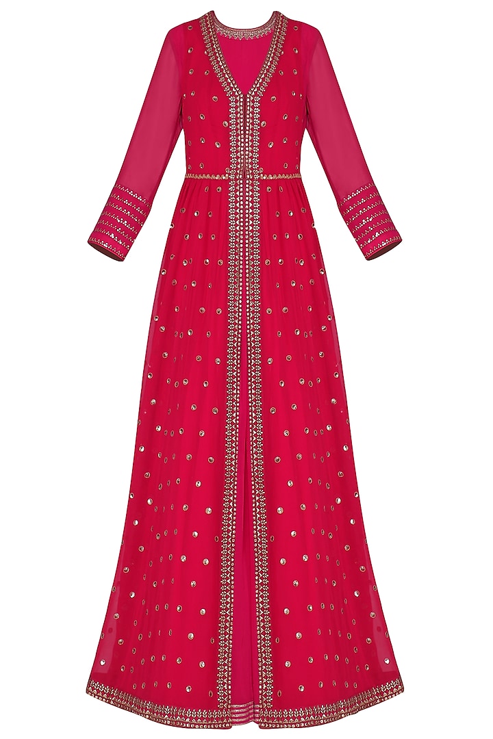 Pink Anarkali with Red Embroidered Jacket and Dupatta by Vvani by Vani Vats