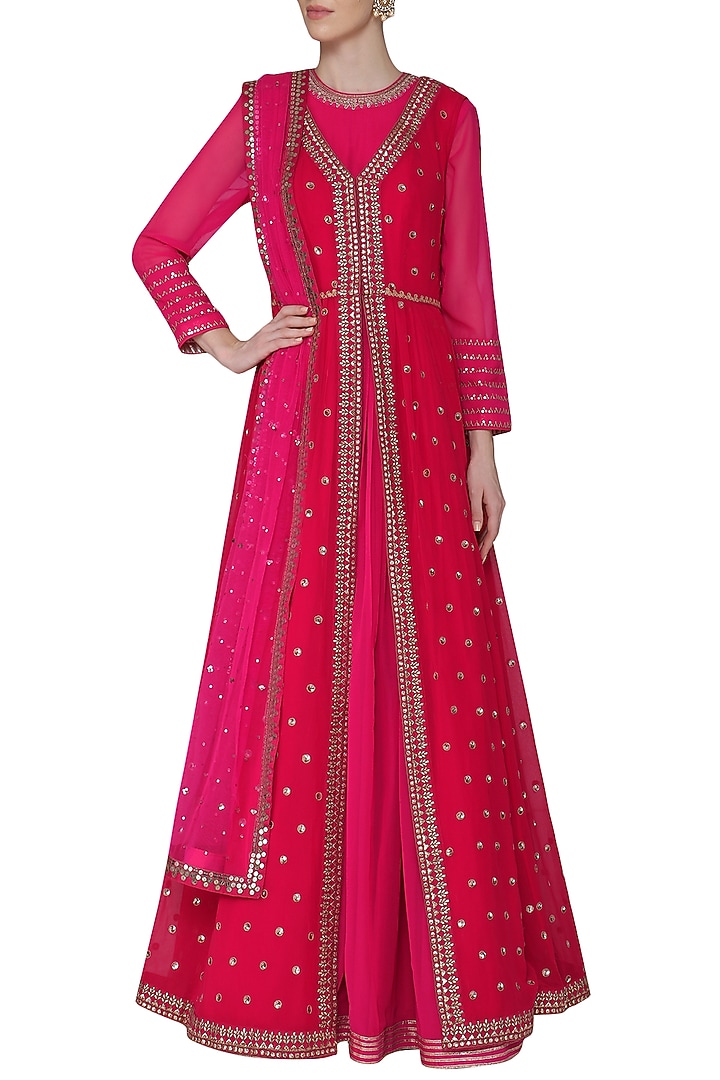 Pink anarkali with red embroidered jacket and dupatta available only at Pernia's Pop Up Shop.