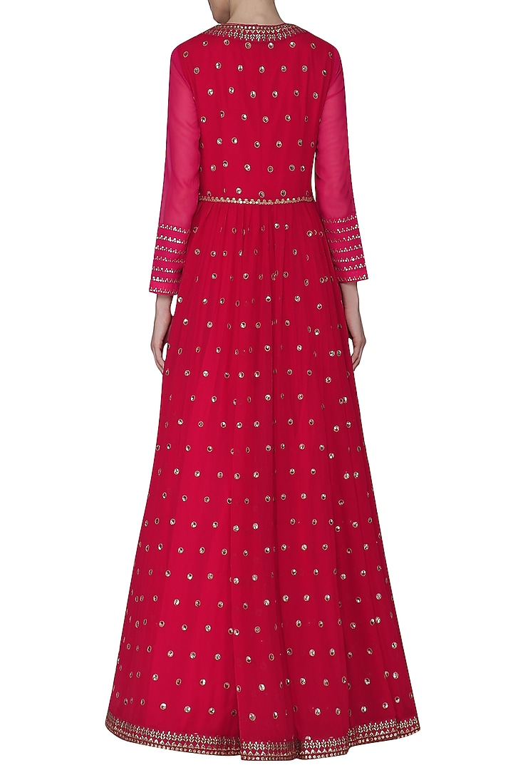Pink anarkali with red embroidered jacket and dupatta available only at Pernia's Pop Up Shop.