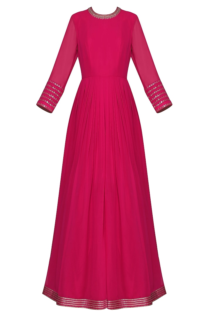 Pink anarkali with red embroidered jacket and dupatta available only at Pernia's Pop Up Shop.