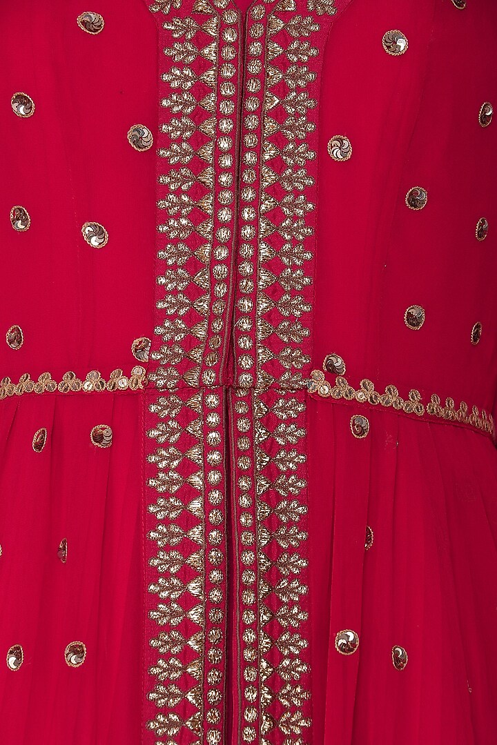 Pink anarkali with red embroidered jacket and dupatta available only at Pernia's Pop Up Shop.