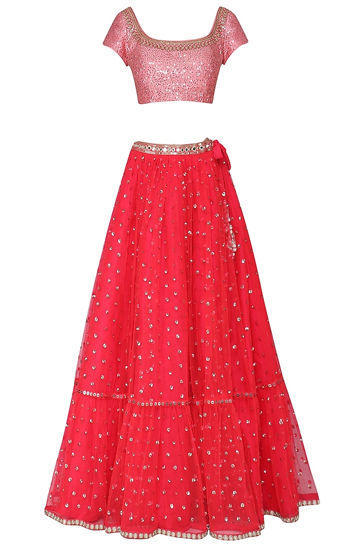 Red Net Hand Embroidered Lehenga Set by Vvani by Vani Vats