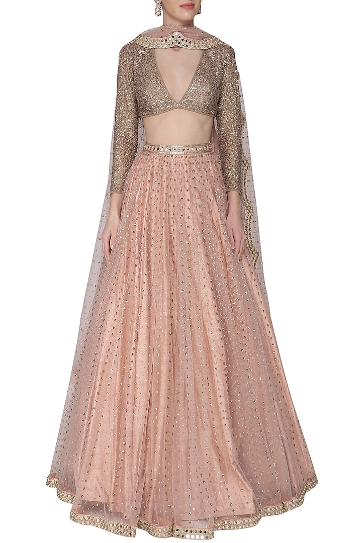 Blush pink and light brown embroidered lehenga set available only at Pernia's Pop Up Shop.
