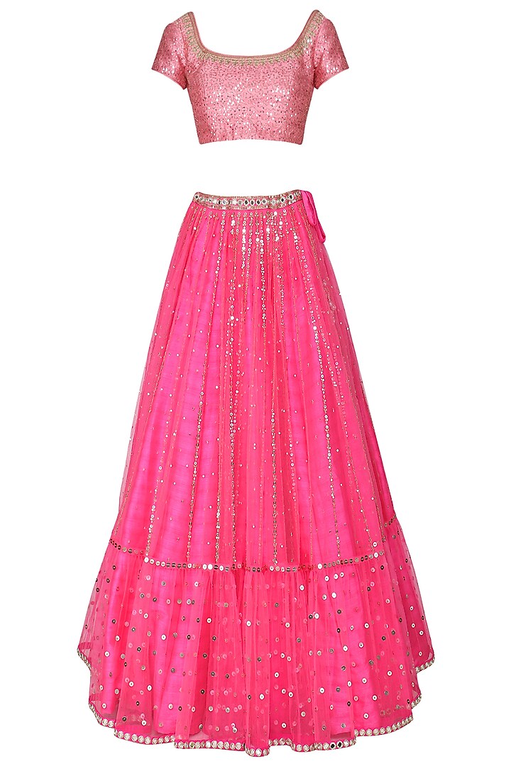 Hot Pink and Baby Pink Embroidered Lehenga Set by Vvani by Vani Vats