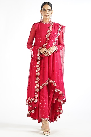Crimson Red Mirror Embroidered Kurta Set by Vvani By Vani Vats